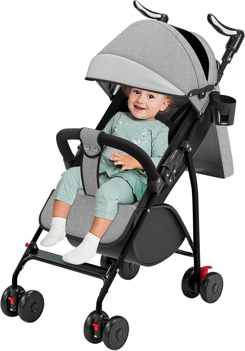 Compacte kinderwagen - Lichtgewicht buggy - Veilig op reis - Zit en lig functie - Tot 25 kg - Grijs