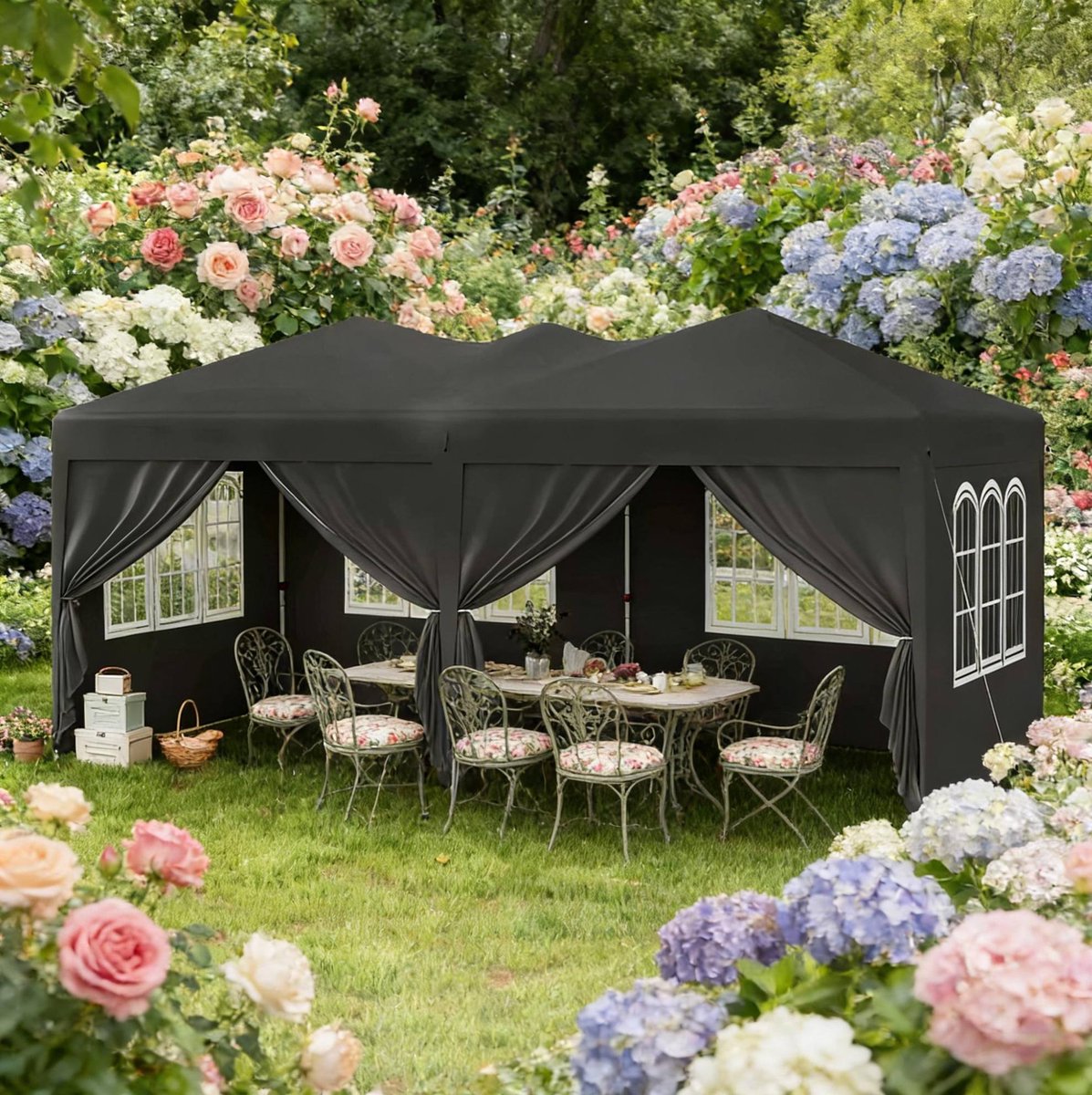 HAUSS SPOLE Partytent – 581 x 293 cm – Snel Opzetsysteem en Verstelbare Hoogte – Oxford Stof – Grijs – Met Afneembare Zijkanten