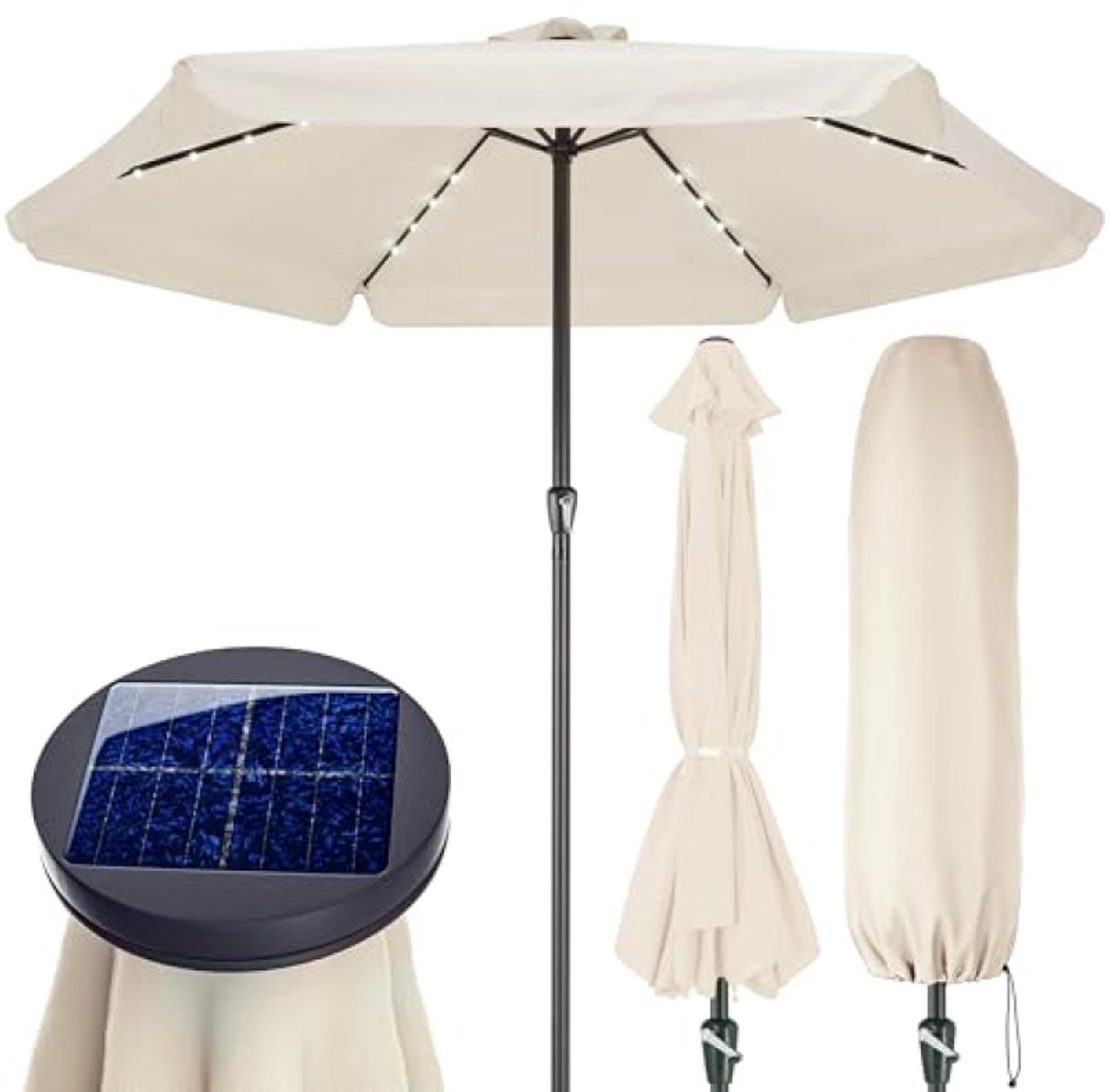 Parasol LED-verlichting 330 cm Rond Beige - Zonnescherm met Zonnepaneel - Tuinparasol voor Terras en Balkon