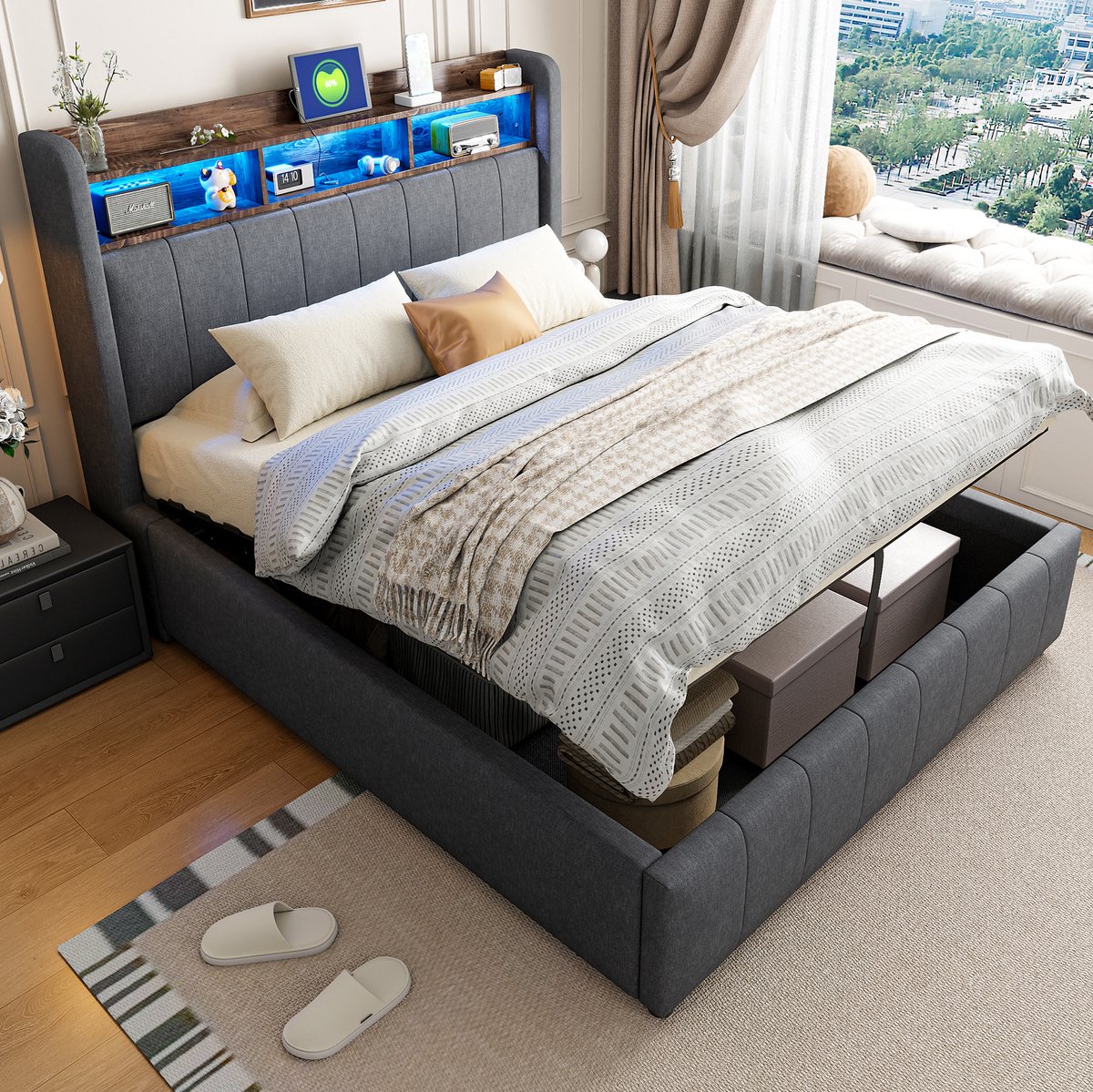 MEUNIQ gestoffeerd bed 140x200 cm met LED-verlichting, USB en USB-C, hydraulische opbergruimte, hoofdbord met opbergvakken, lattenbodem, grijs