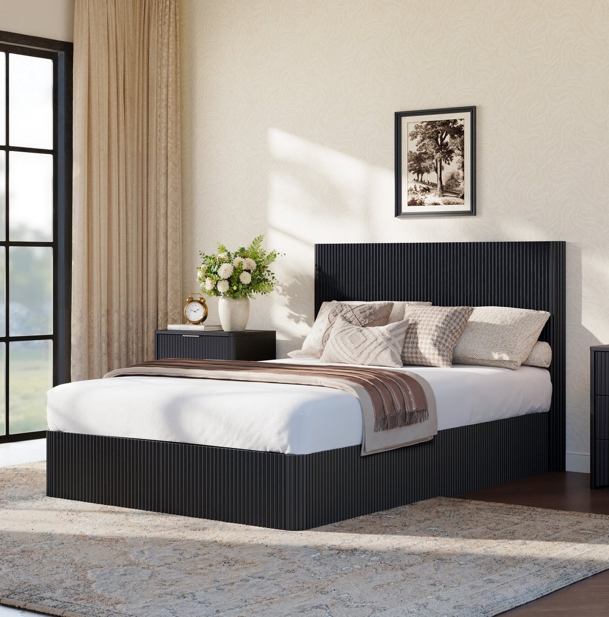 MEUNIQ bed met opbergruimte en hydraulisch lift-systeem 140 x 200 cm, lattenbodem, geribbeld hoofdbord, slaapkamer, zwart