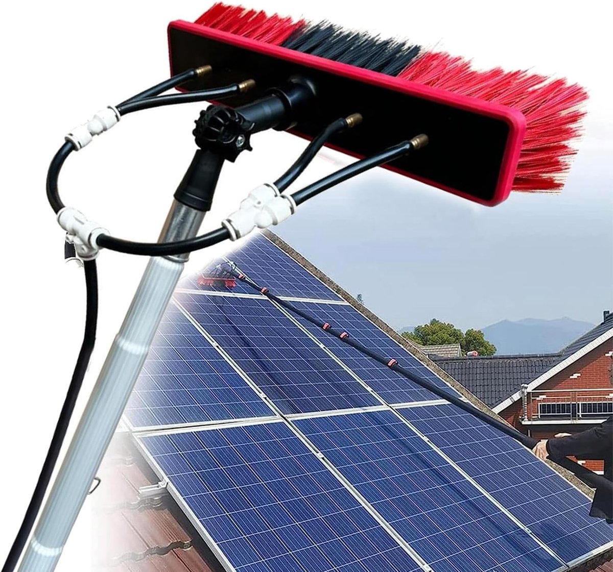 Raamreiniger Telescoopsteel - Schoonmaakborstel Hoge Ramen - Hoge Oppervlakken Reinigen - Verstelbare Hoek Borstel - 20 meter slang - Zilver