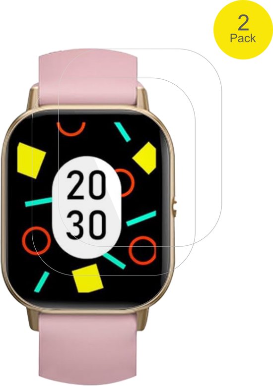Gouden smartwatch met roze band en twee beschermfolies, aangeduid met "2 Pack".