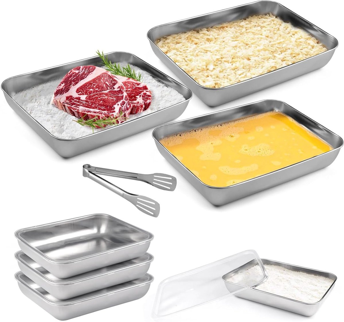 Set van 3 RVS Paneerbakken 25,5 x 20 x 5 cm - Stapelbare Schalen met Deksel en Tang voor Vlees en Vis, Ideaal voor Paneer- en Frituurgerechten