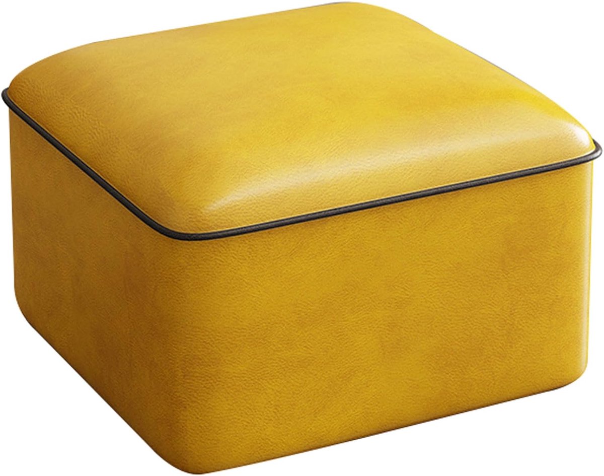 Voetenbankje Leer - Poef Ottoman - Zitten Ontspannen - Metalen Poten - 30x40x32 cm - Citroengeel