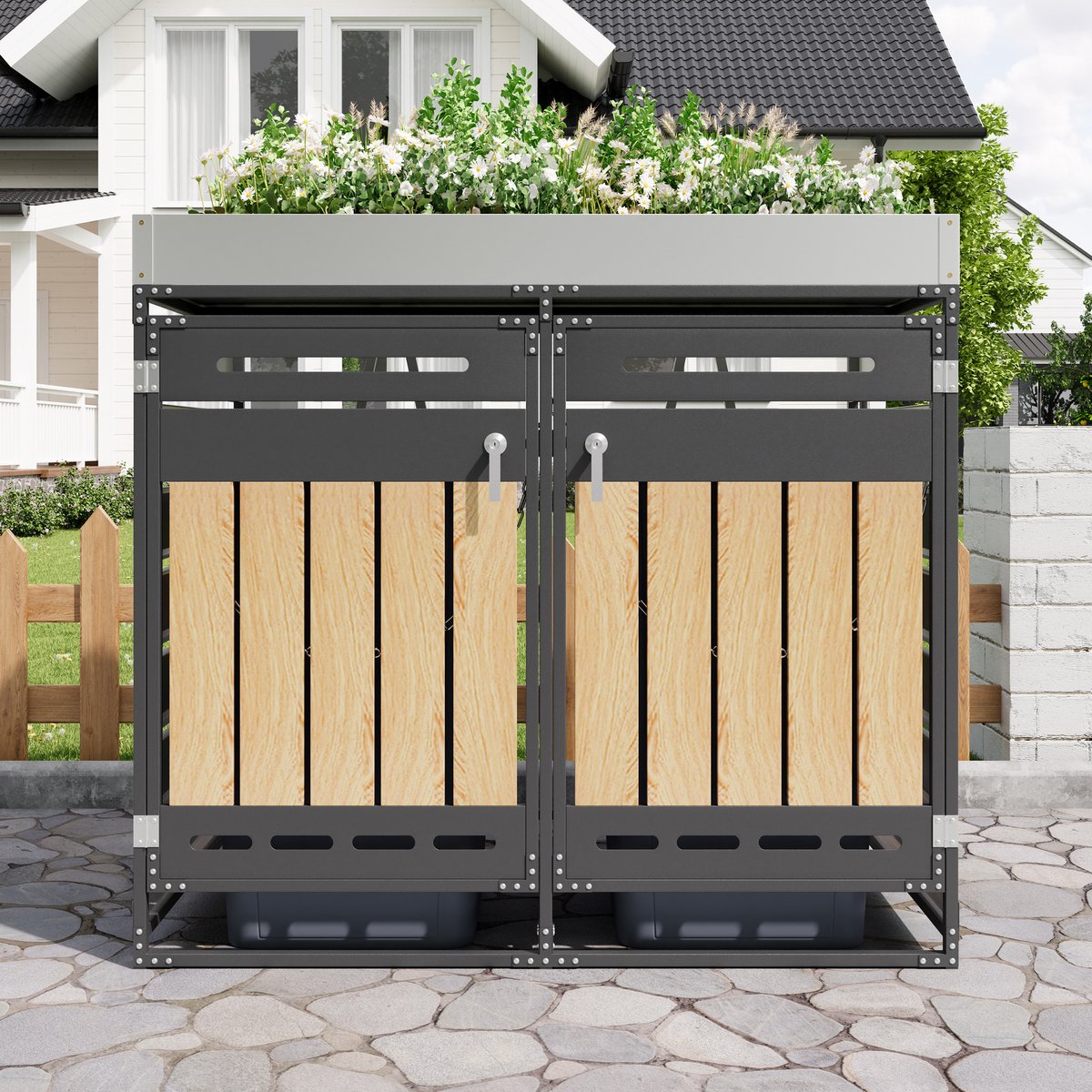Containerberging met Plantenbak - 2 Vakken - 131 x 79 x 120 cm - Metaal - Zwart - Buitenopslag