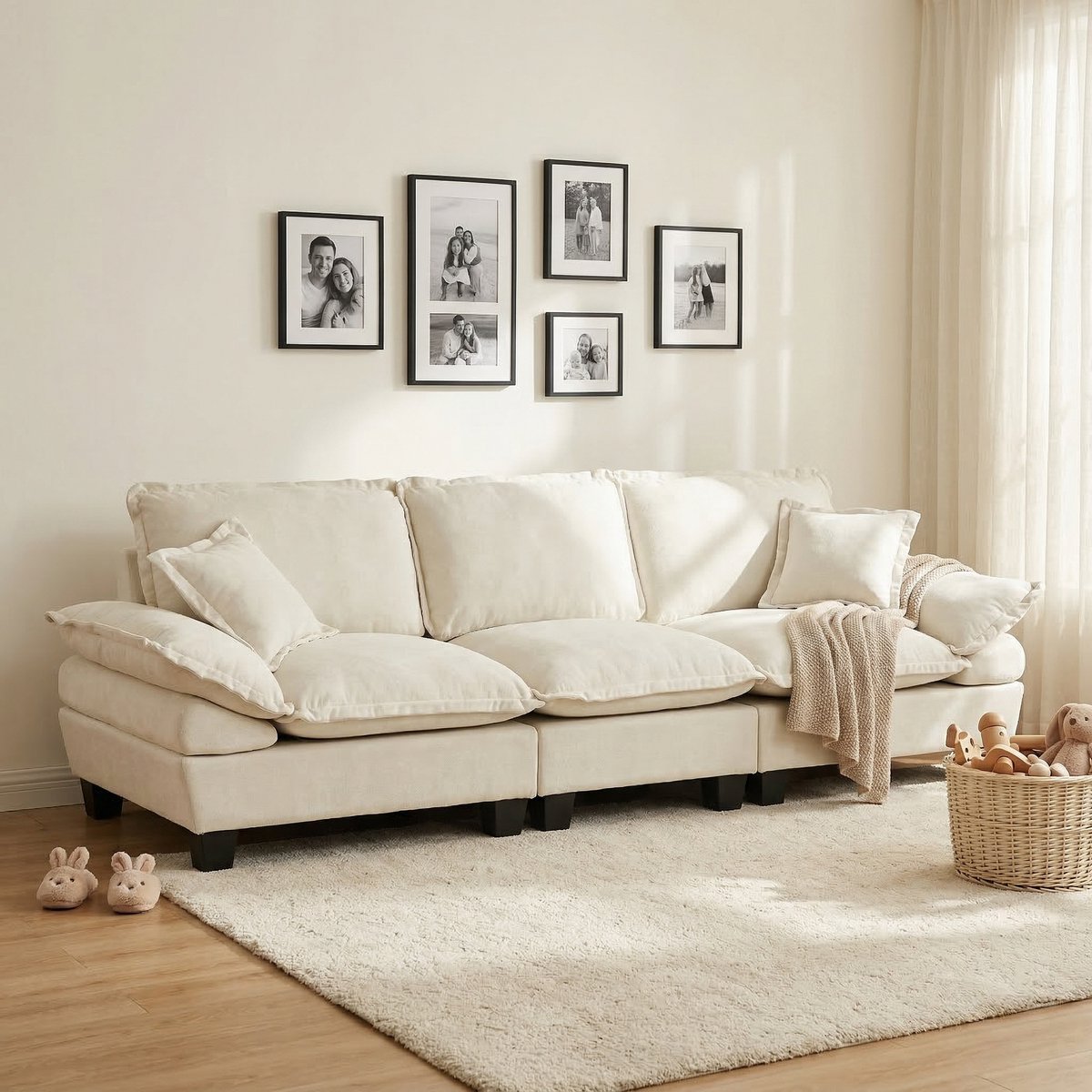 MODENUIT Sofa 263 x 82 x 90 cm - 3-Zits Met Gebogen Armleuningen - Voor Woonkamer En Appartement - Chenille Beige