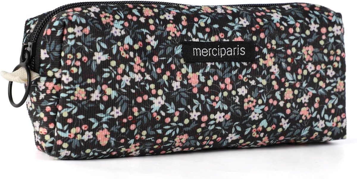SnelShoppen - Pennenbak, Retro Stijl Corduroy, Lichtgewicht, Hangend, Multi-inzetbaar als Pennenhouder, Make-up Tas, Zwart Bloemenpatroon, 20 x 7 x 4.