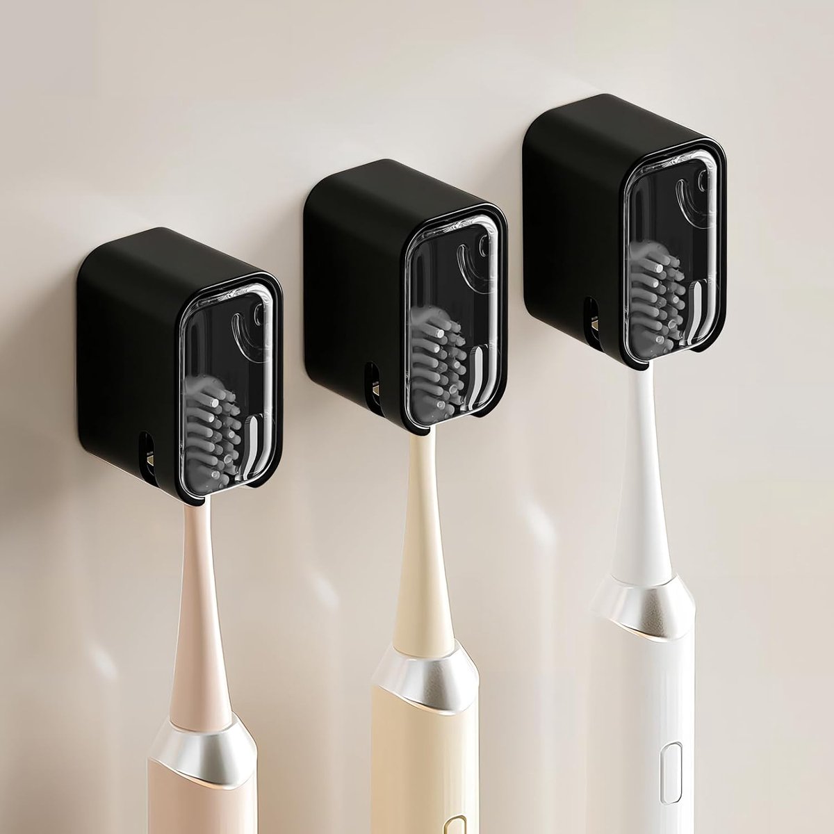 Wall Mounted Toothbrush Holders for Bathroom, Strong Adhesive Toothbrush Holder with Cover, Toothbrush Heads Organizer - ShopVlot