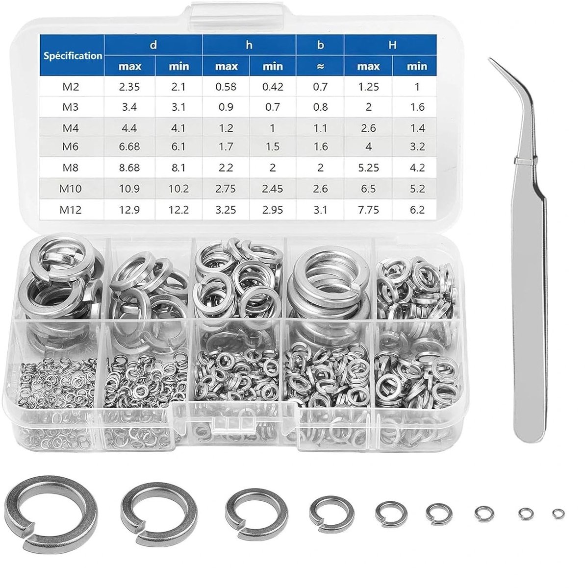 SnelShoppen - 141 Stuks RVS Veerringenset (M2/M3/M4/M6/M8/M10/M12) met Opbergdoos en Tangen, Roestvrijstalen Rings voor Klussen, Mechanische Bevestigi
