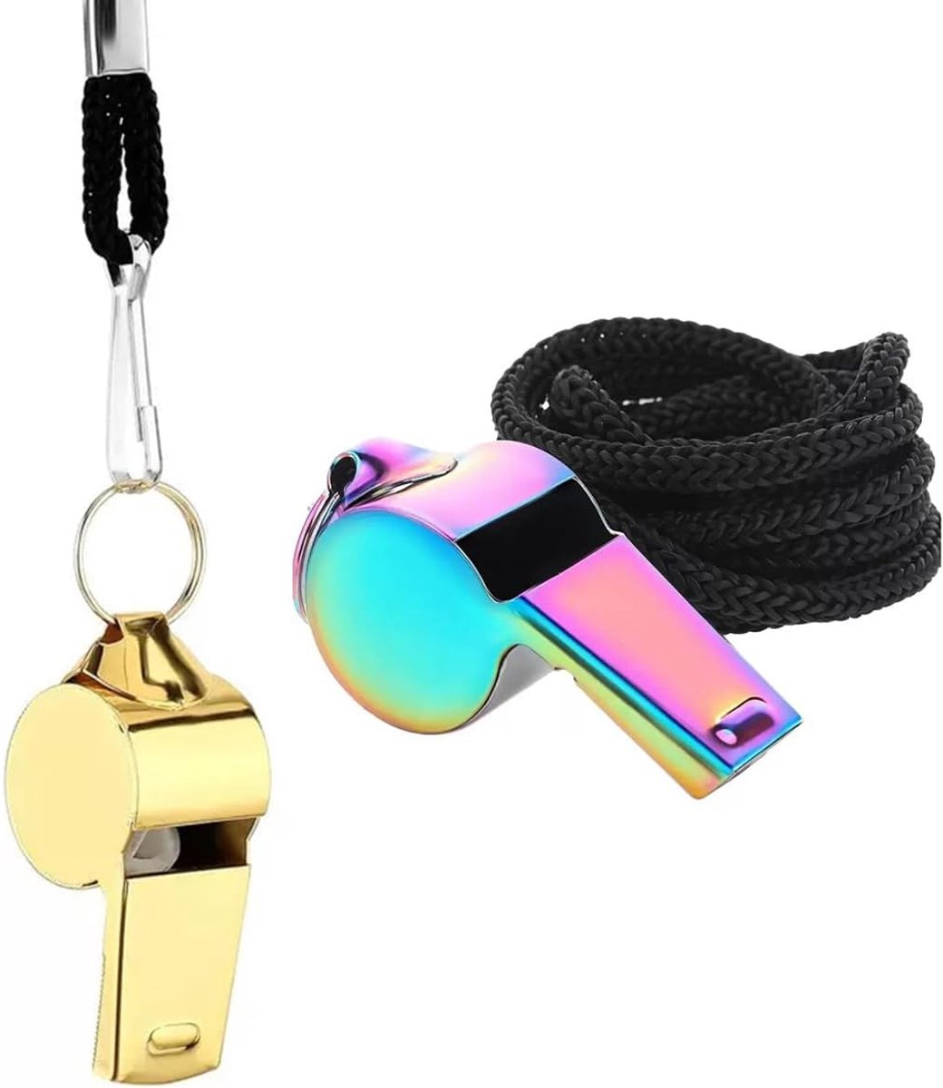 2 x Stainless Steel Whistles with Drawstring, Colourful Sports Whistle for Trainers, Teachers, Referees, Officers - ShopVlot