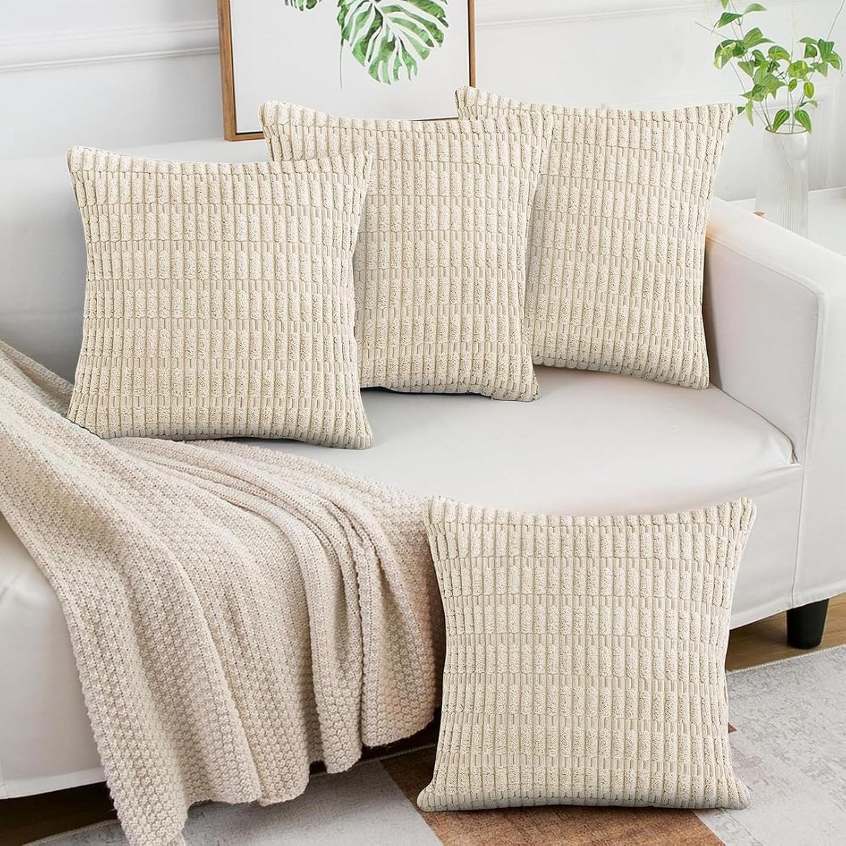 SnelShoppen - 4 Stuks Kussenhoezen 45x45cm, Sofa Kussen, Corduroy Kussenhoezen, Zachte Vierkante Kussenhoezen, Machinewasbaar, Wit, Voor Bank, Bed, Au