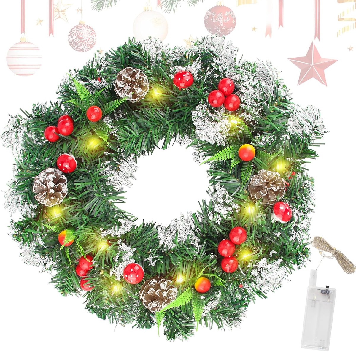 40cm Christmas Decoration Door Wreath LED Pine Cone Red Fruit Real Vine Decorative Wreath Handmade The Christmas Pine - ShopVlot