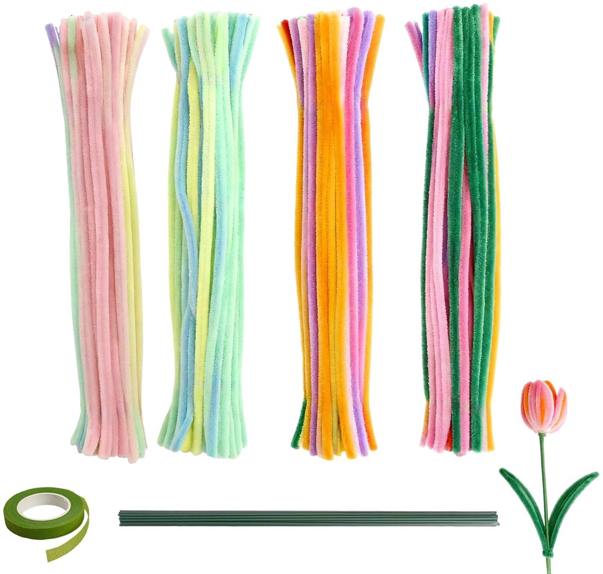 400 stuks pijpenreinigers om te knutselen, 6 mm extra dicht, macaron, kleurrijke kleuren, met bloemstelen en groene bloemenband, pijpenreiniger, bloemenset voor doe-het-zelf decoratie