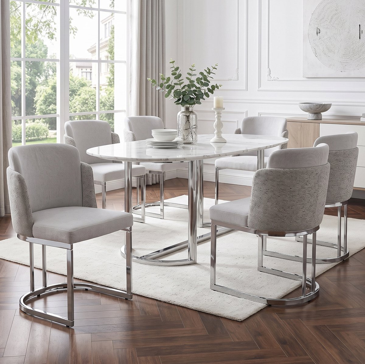 MIVRAY Eetkamerstoel Set Van 6 - 61,5 X 53,5 X 86 Cm - Met Armleuningen En Chenille Bekleding - Voor Eetkamer En Woonkamer - Metaal - Grijs Zilver