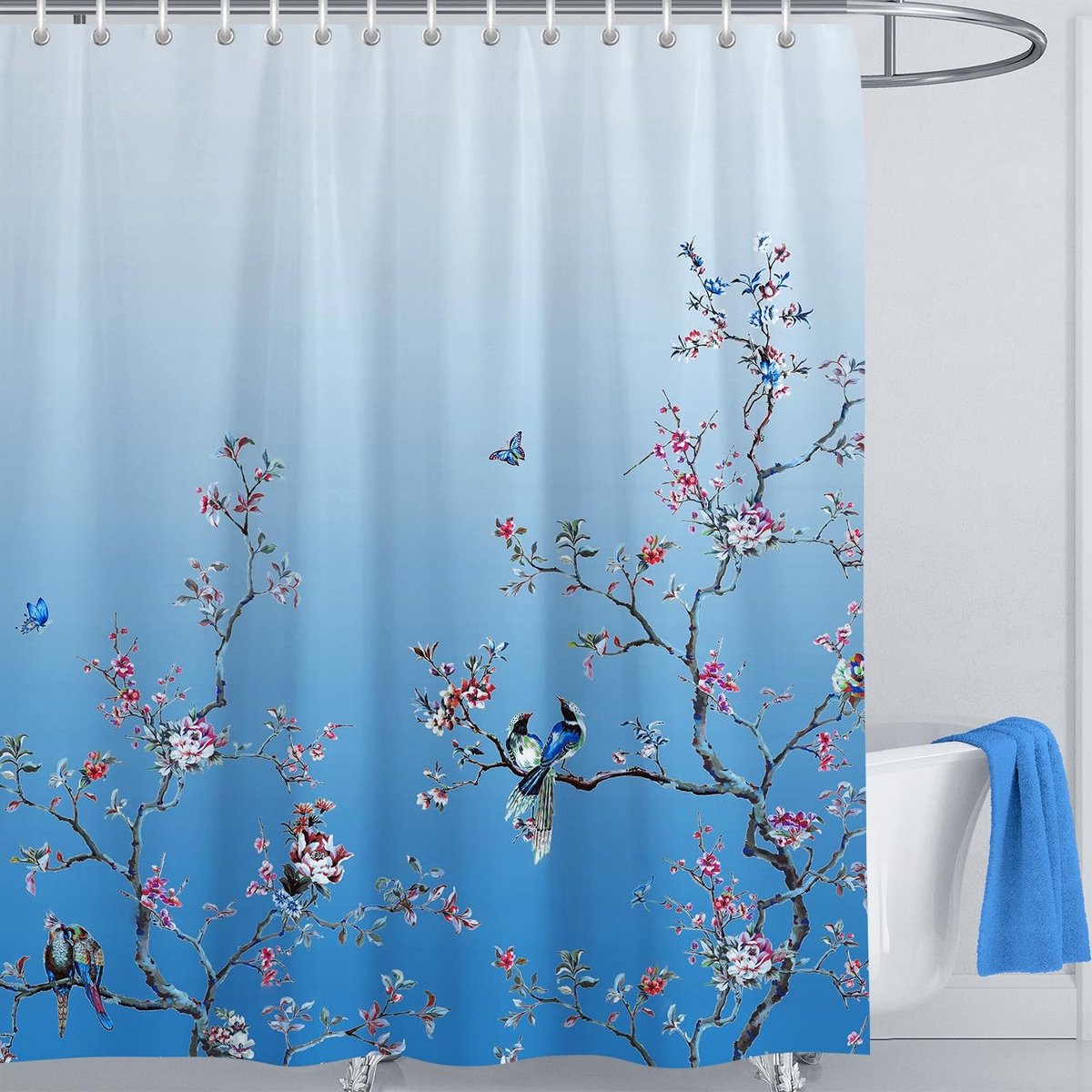 Omgoods - Ombre Blue Bird Extra Lange Douchegordijn - 200x200 cm Waterdicht