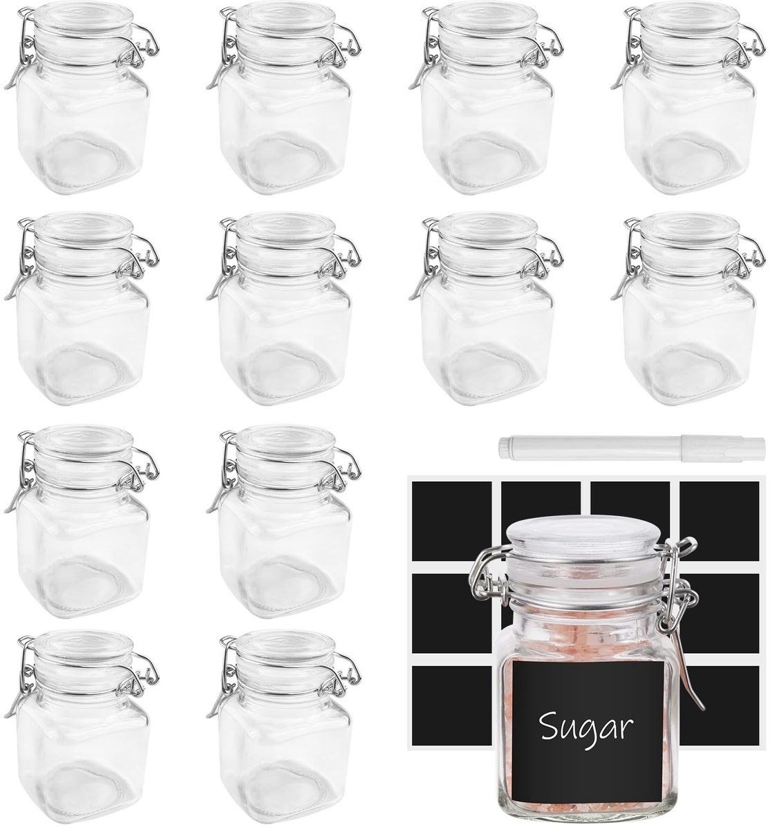 Omgoods - Set van 12 Specerijpotjes met Labels en Pen, Vierkante Glazen Potjes