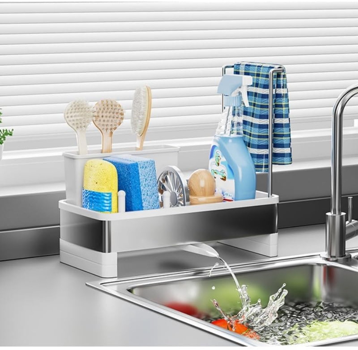 Omgoods - Keuken Caddy Spoelbak Organisator met Auto Afvoer en Handdoekhouder