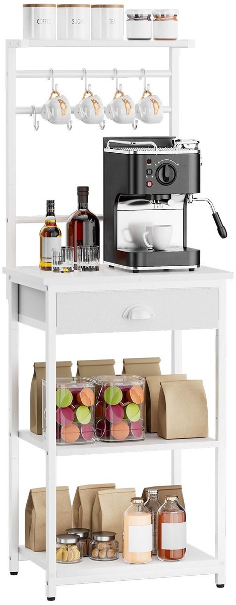 Omgoods- Keukenrek Staand - Bakrek/Koffieorganizer - 5 Rekplanken - 8 Haakjes - Stalen Frame - 43 x 33 x 134,5 cm - Opbergrek