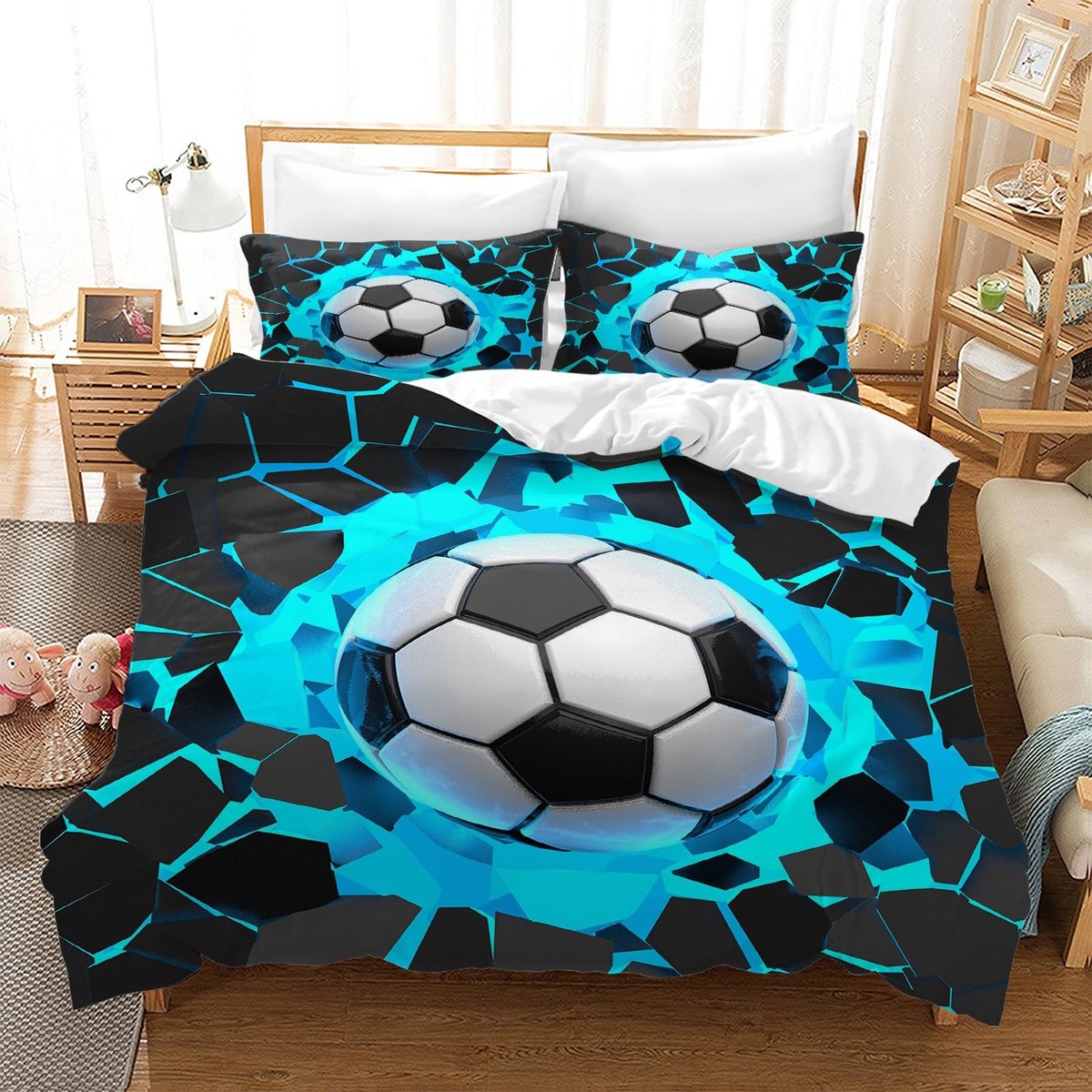 Omgoods - Voetbalbeddengoed voor Kinderen - 3-delige Dekbedovertrekset met 3D Voetbalprint