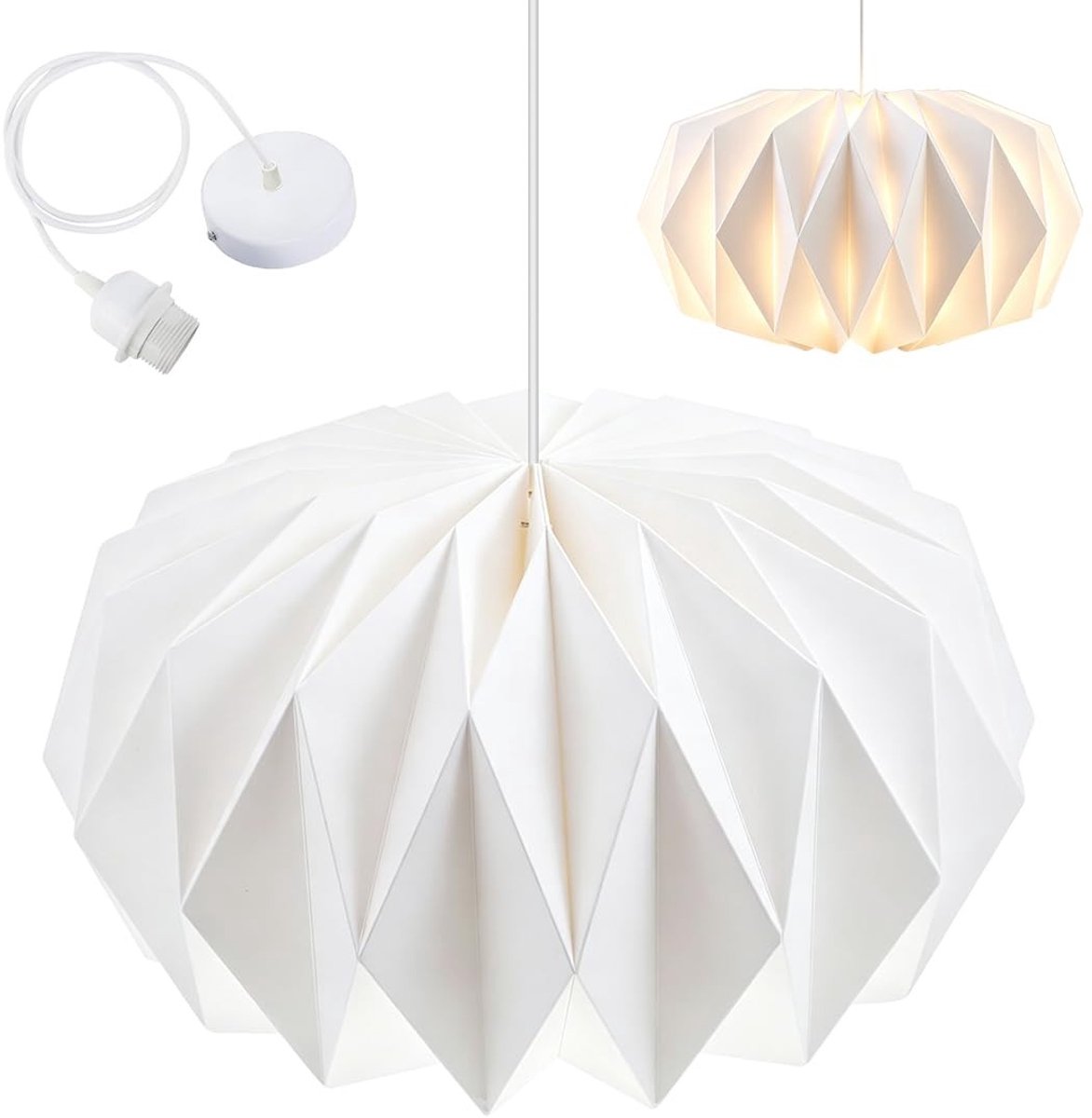 Omgoods - Origami Papieren Lampenkap met Kabel en Hangmechanisme, Wit
