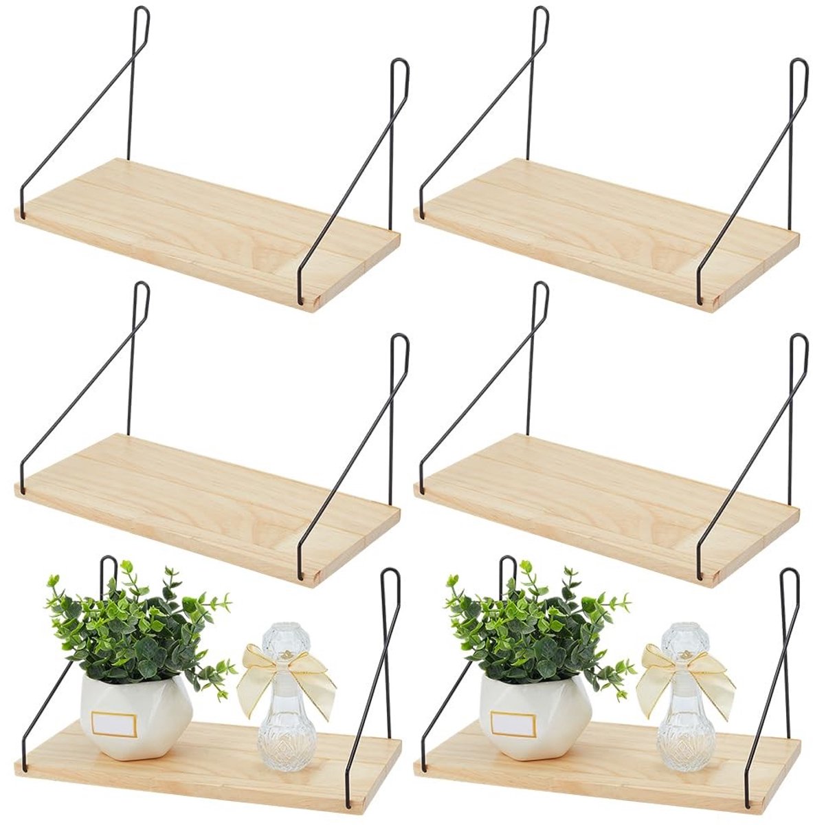 Omgoods - Set van 6 Houten Hangende Planken met Schommeltouw voor Decoratie