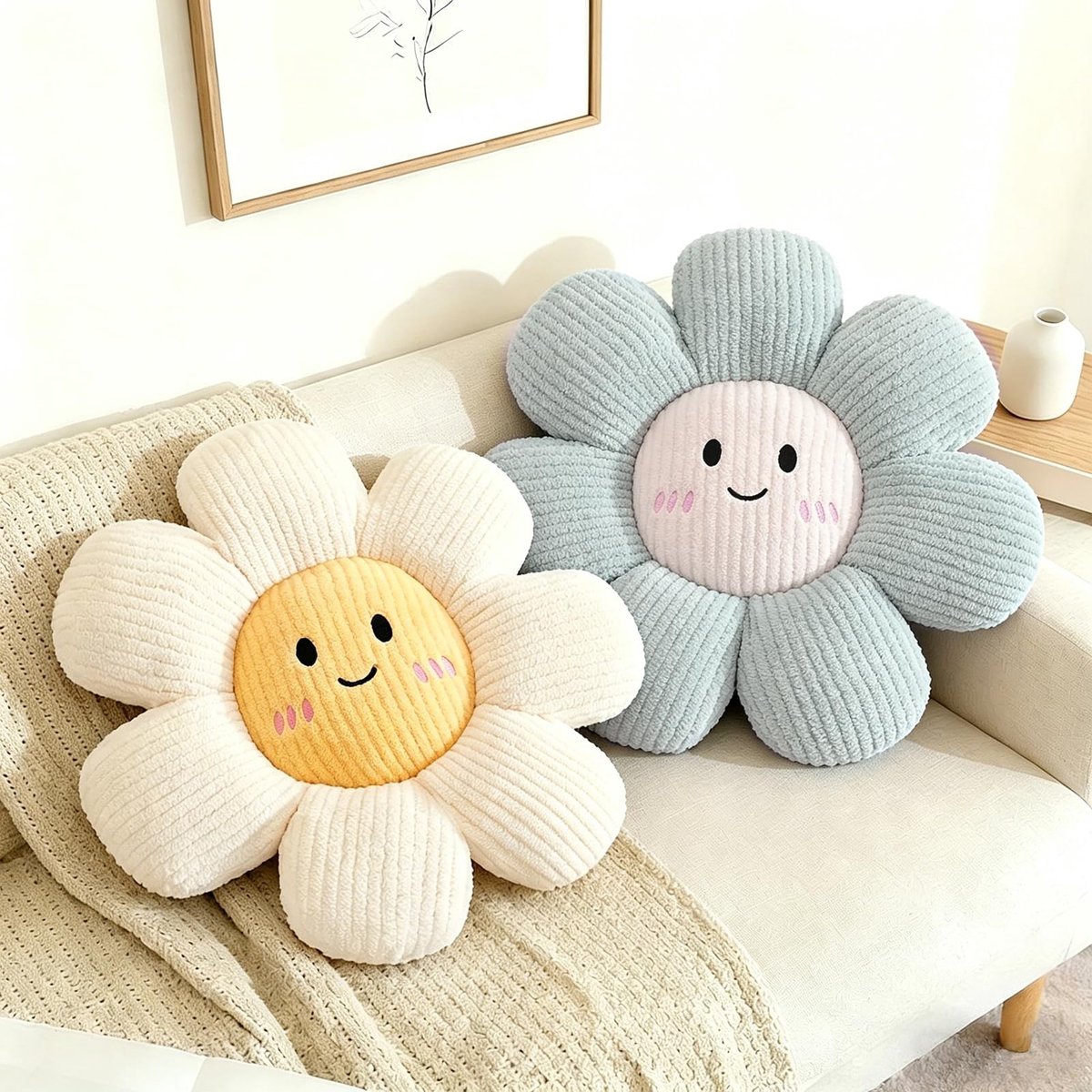 Omgoods - Set van 2 Bloem Kussens 40 x 40 cm Blauw