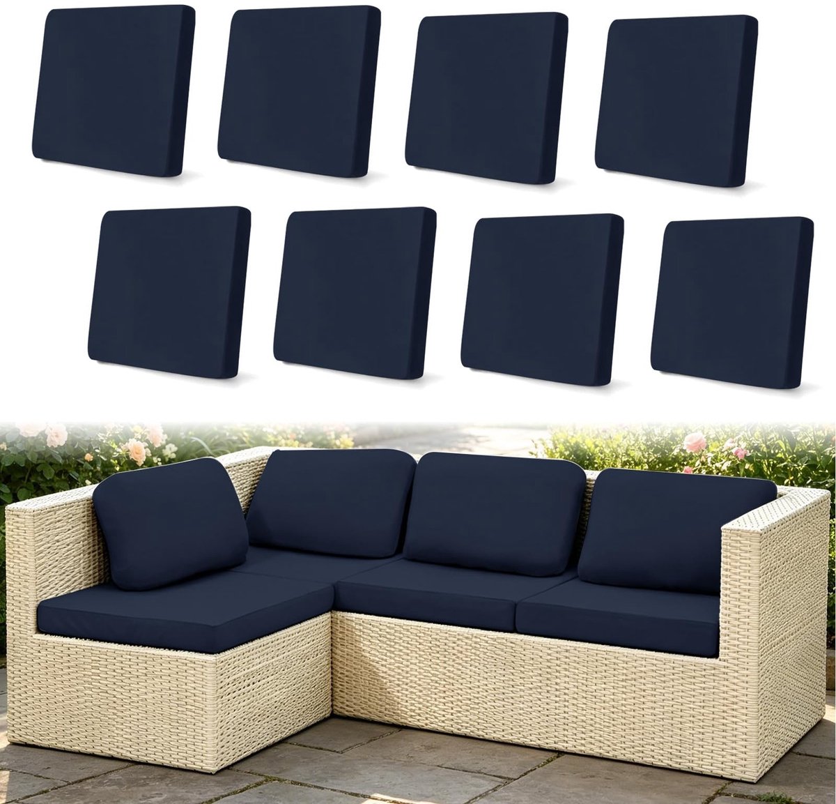 Omgoods - Set van 8 Waterdichte Kussenslopen voor Buitenmeubelen - Marineblauw