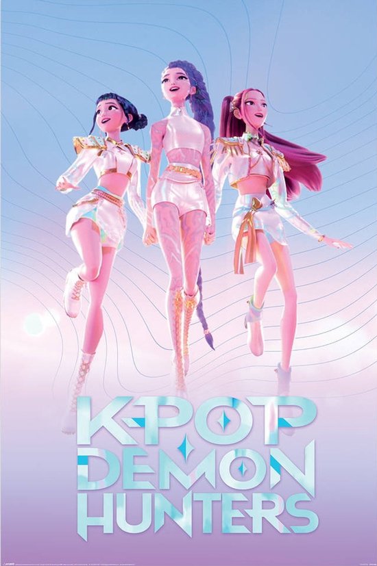 Drie anime-figuren in futuristische outfits. Tekst: KPOP DEMON HUNTERS.