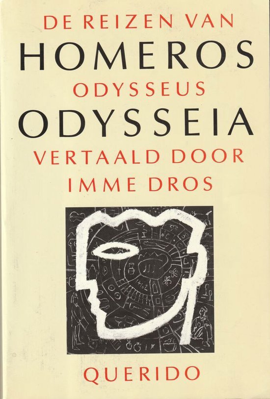 Boekkaft 'De Reizen van Homeros: Odyssea' vertaald door Imme Dros, met een gravure van een gezicht.