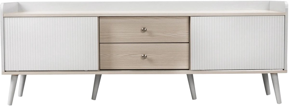 TV Meubel Wit/Houtlook - met Opbergruimte, Lades, Schuifdeuren