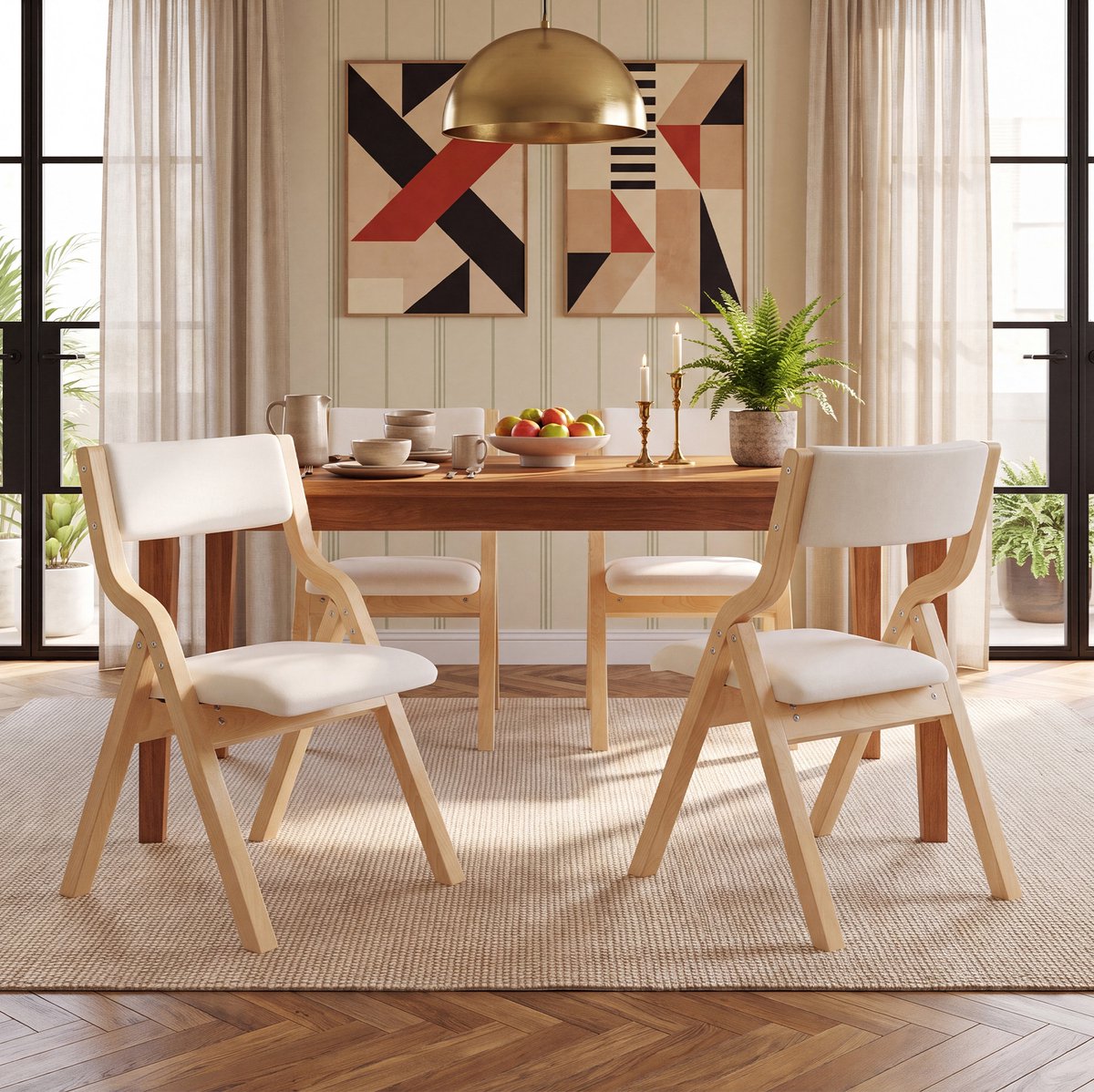 MIVRAY Eetkamerstoel Set van 4 - Opvouwbare Eetkamerstoelen Met Gepolsterde Zitting En Rugleuning - Voor Eetkamer En Woonkamer - Hout - Beige