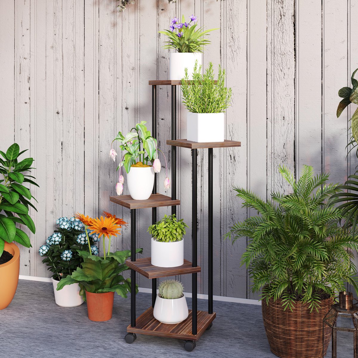 COVREO Plantenstandaard 59 x 59 x 110 cm zwart, staal en hout met wielen