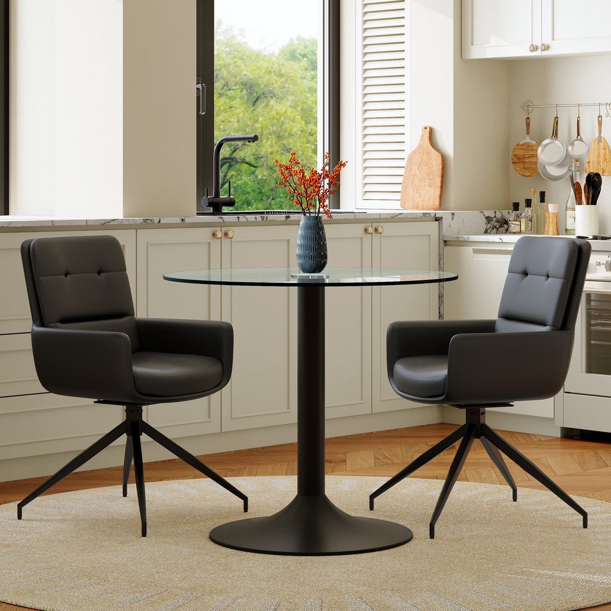 REDOM - Set tafel en stoelen - Ronde eettafel met tafelblad van gehard glas - 360° draaibare stoelen met PU bekleding - Modern - Eetkamer - Metaal - Zwart, transparant - 85 x 85 x 85 cm