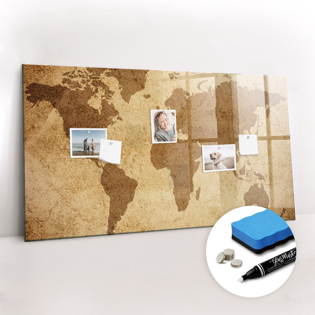 Tulup Whitebord - Vintage wereldkaart - 120 x 60 cm - Bruin Memo Bord - Gratis 5 Sterke Magneten + Whiteboard Marker & Wisser - Decoratief Magnetisch Bord - Magneetbord Rechthoekig - Productiviteit Tools