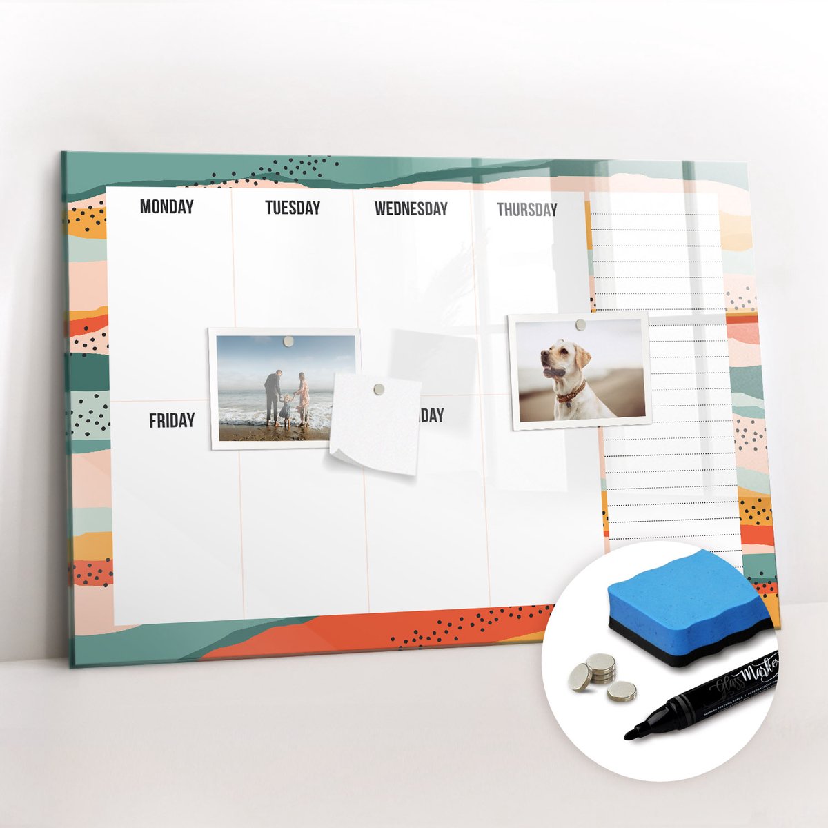 Tulup Whitebord - Retro weekplanner - 60 x 40 cm - Veelkleurig Magneetbord Rechthoekig - Gratis 5 Sterke Magneten + Whiteboard Marker & Wisser - Minimalistisch Prikbord - Memobord Magnetisch - Planning Muur