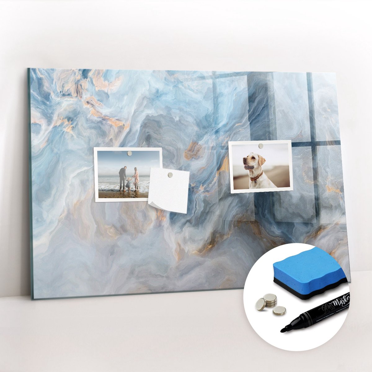 Tulup Whitebord - Klassiek marmerpatroon - 60 x 40 cm - Blauw Magnetic Board - Gratis 5 Sterke Magneten + Whiteboard Marker & Wisser - Wanddecoratie Kantoor - Memobord Glas - Inspiratiebord Kantoor