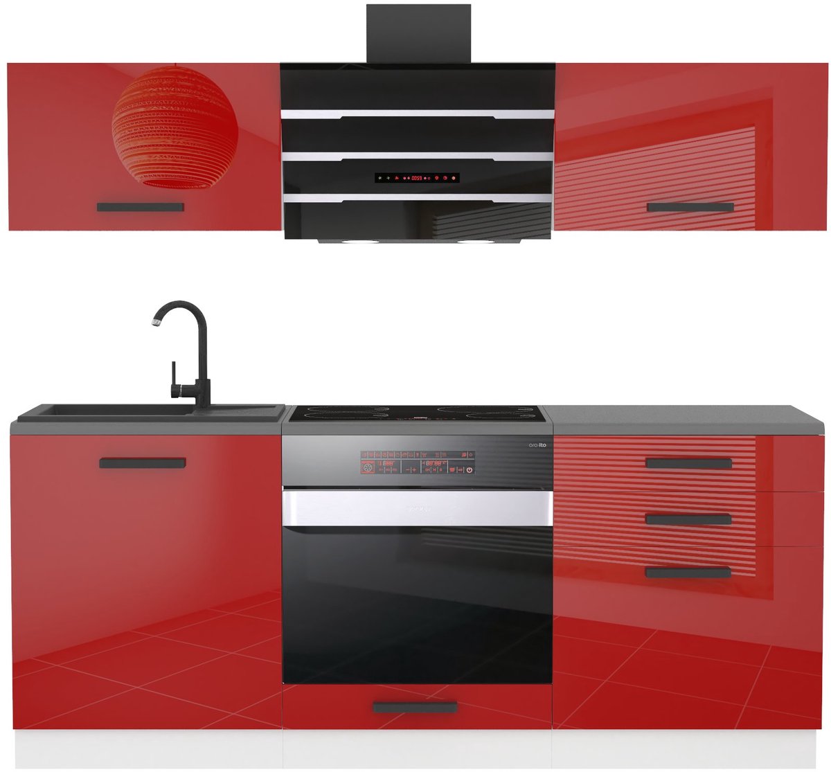 BELINI Keukenblok SOPHIA - Keukenmeubel Set 180 cm Rood Hoogglans met Werkbladen - Boven- en Onderkasten