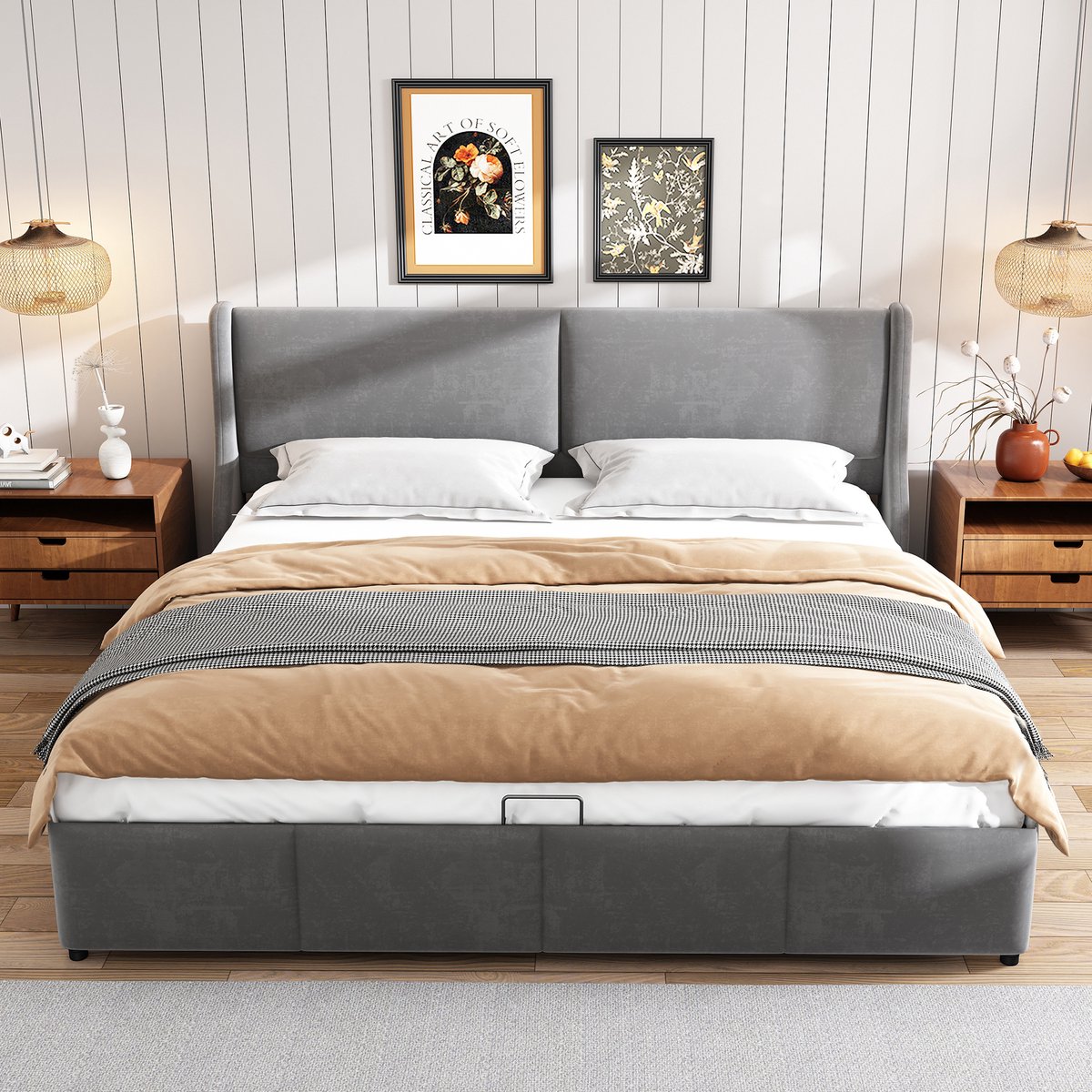 Tweepersoonsbed 160x200 cm - Velvet Bed Met Hydraulische Opbergruimte En Hoofdbord Grijs