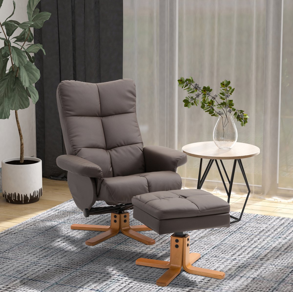 COVREO Relaxfauteuil 80x86x99 cm bruin, hout met hocker en opbergruimte