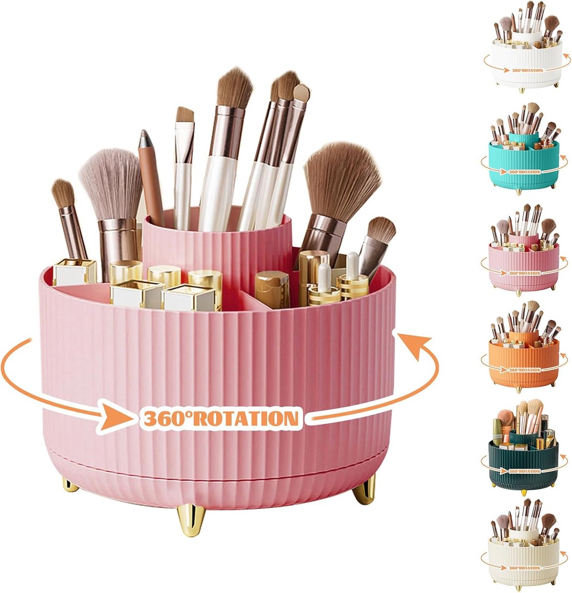 SnelShoppen - 360° Draaibare Make-up Organizer, Kwastenhouder, 5 Compartimenten Cosmetica Opberghouder voor Slaapkamer, Badkamer, Dresser, Decoratie,