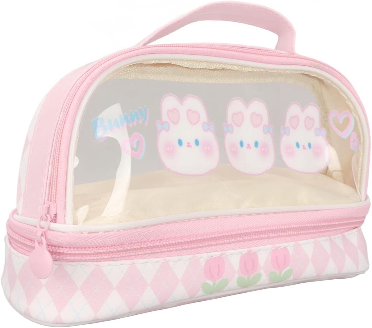SnelShoppen - Schattige Konijn Pennenzak Kawaii Pennenzak voor Kinderen Dubbellaags Waterdicht Transparant Kawaii Pennenzak Roze Cosmeticazak Draagbaa