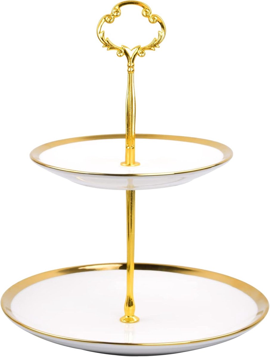 SnelShoppen - 2-Tier Cake Stand - Keramisch, Herbruikbaar Cupcake Stand - Fruitstand met Metaal Handvat voor Bruiloften en Verjaardagen - Gouden Kleur
