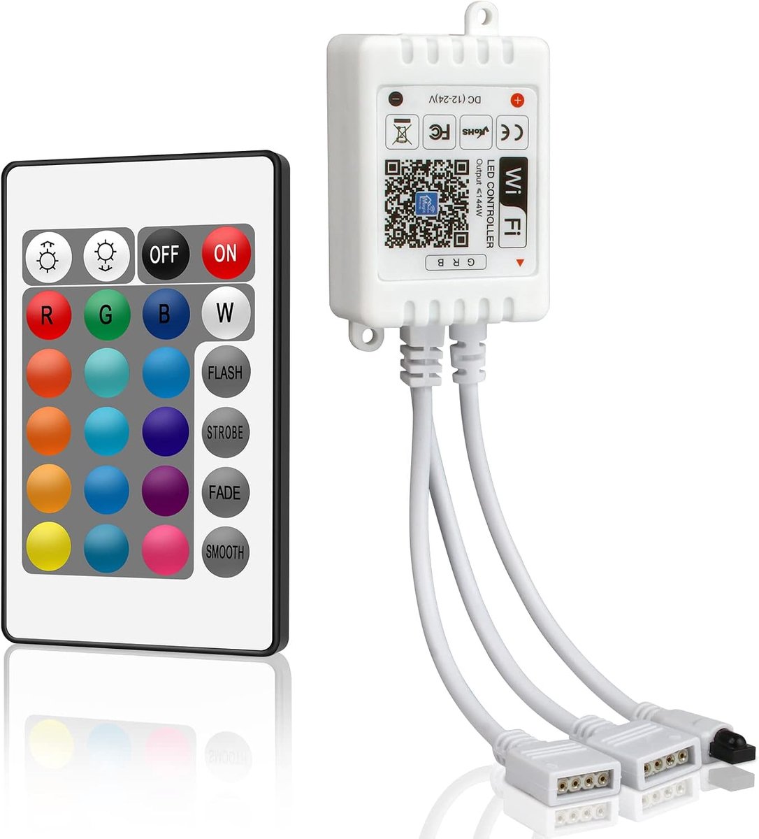 SnelShoppen - RGB LED Controller met WiFi en IR Afstandsbediening voor LED Strips 5050/3528, 24 Knoppen, 12V-24V, Compatibel met Alexa en Google Assis