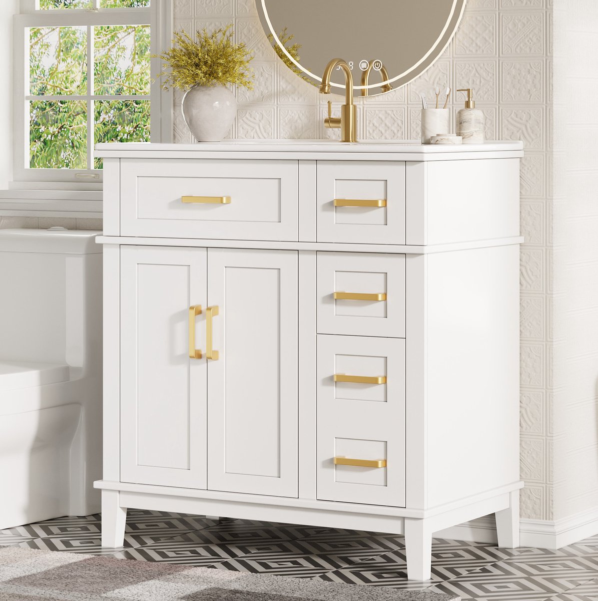 REDOM - Wastafelonderkast - Keramische wastafel - Laden en kastruimte - Soft-close scharnieren - Moderne stijl - Badkamer - MDF en metaal - Wit - 76 x 46,5 x 86 cm