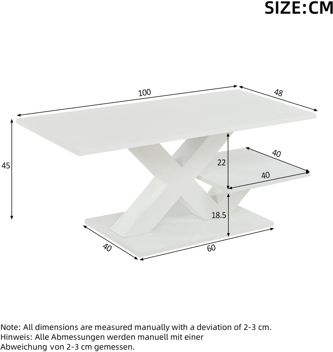 COVREO Salontafel 100x48x45 cm wit, MDF met dubbele tafelbladen