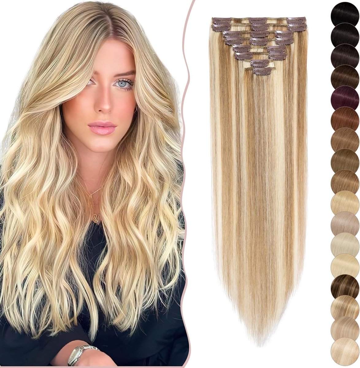 Clip-In Echte Haar Extensions, 8 Strengen, Warmtebestendig, Steil, 30 cm (55 g), Wit Bruin/Lichtblond #12p613 - Perfect voor Volumineus Haar en Stijlvolle Looks