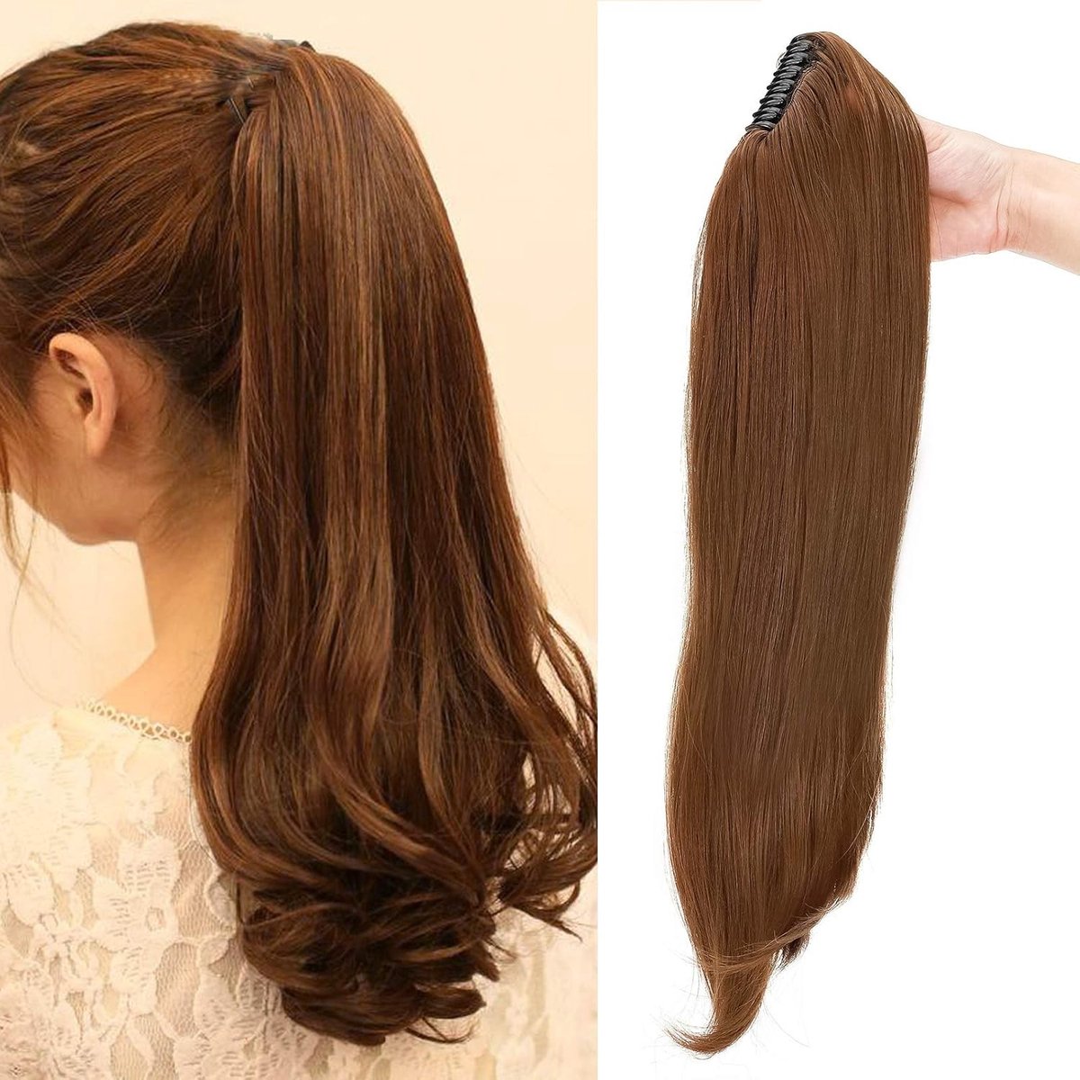 Ponytail Braid Clip Haarstuk - Hittebestendig Micro-Golvend Echt Haar van 55 cm in Wit en Bruin