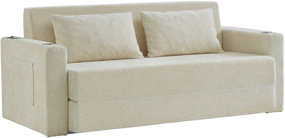 STILVORA Slaapbank 153 Cm - 2-Zits Klapbare Bank Met Usb, Bekerhouders En Zijvakken - Voor Woonkamer En Appartement - Chenille Beige