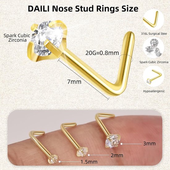 neusringen noppen, 20G L-vormige zilveren neusstekers voor vrouwen en mannen, 8 stuks, zilver, hypoallergeen, niet-aantastende neusring, kleine zirkonia, diamantneuspiercings, sieraden, 1,5 — afbeelding 5